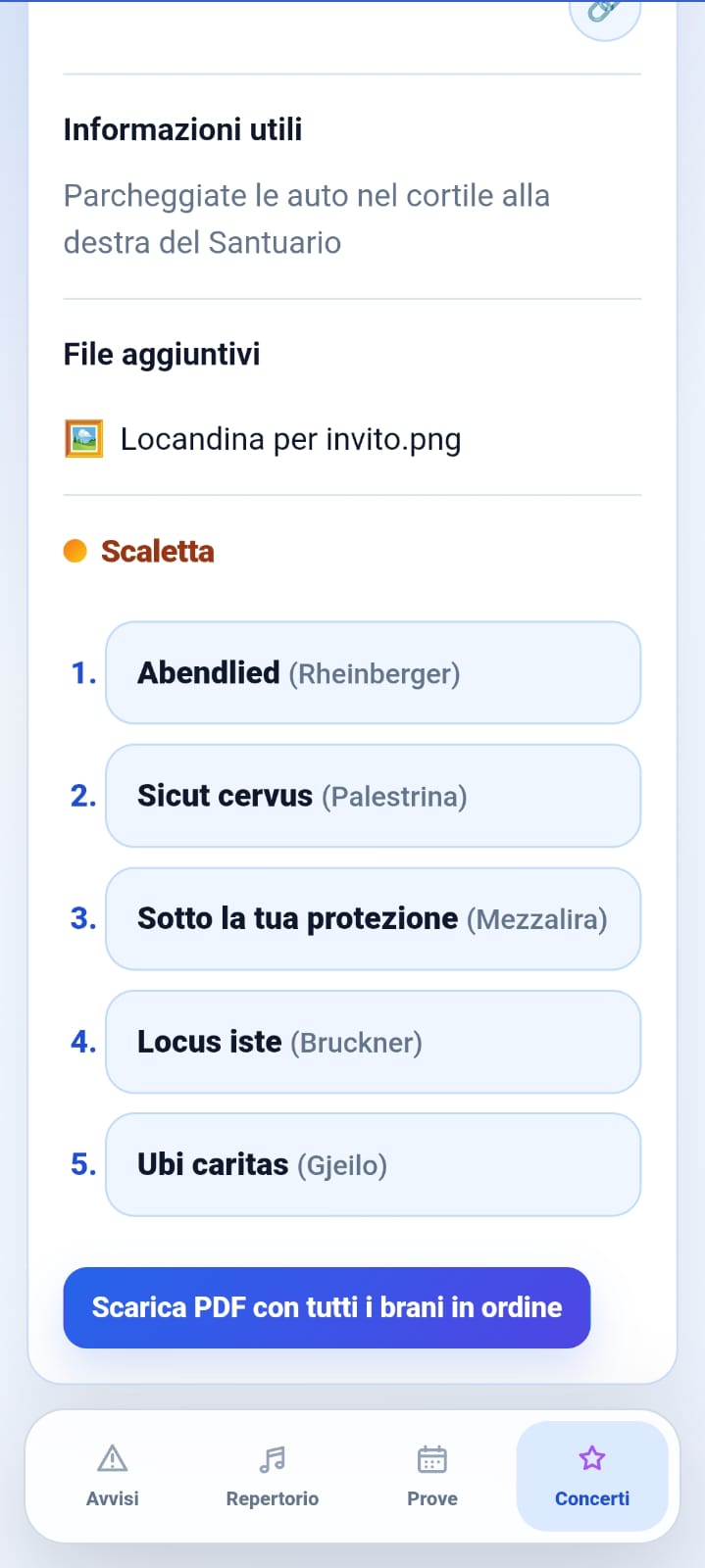 Concerti · vista mobile · schermata 1