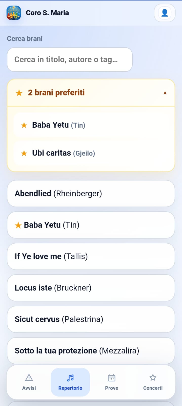 Repertorio · vista mobile · schermata 4