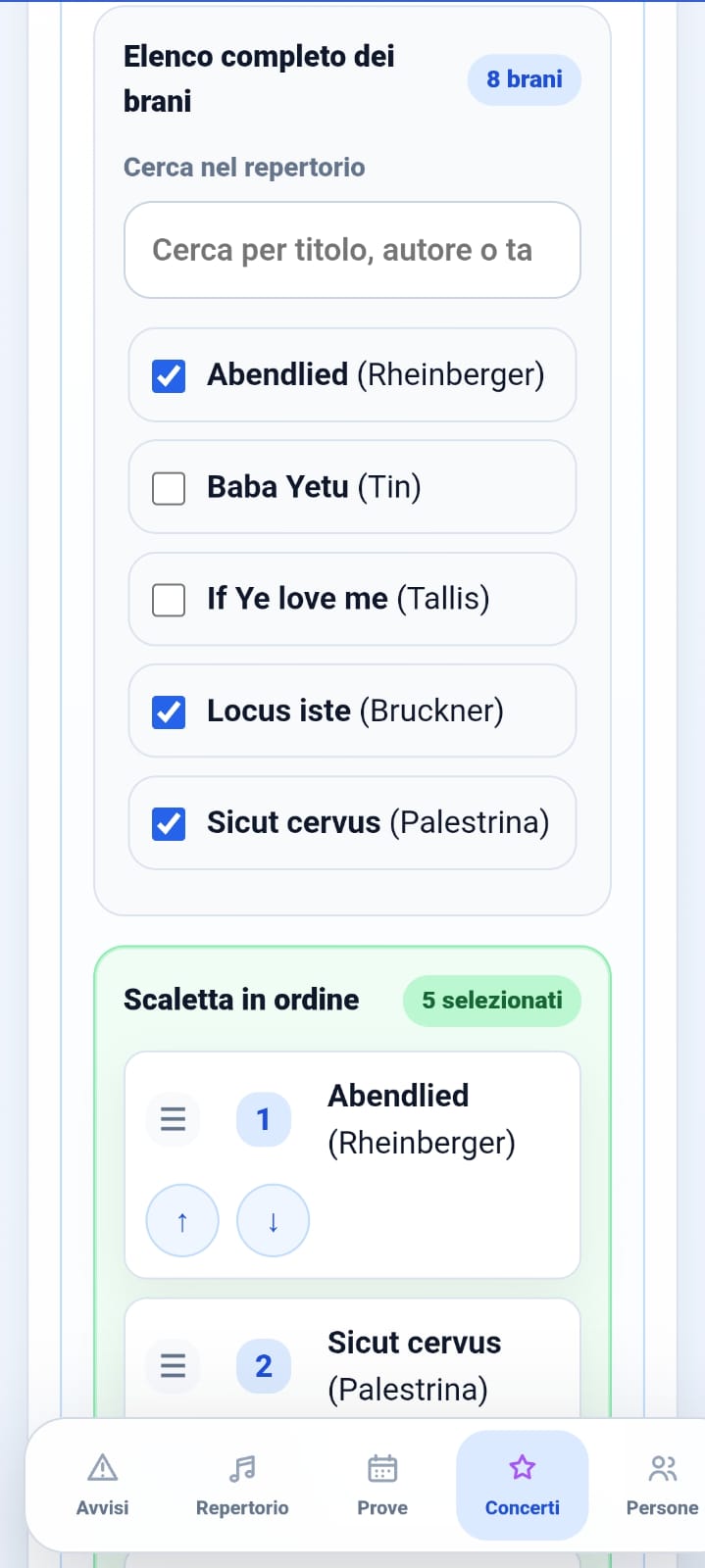 Organizza il materiale per i concerti · vista mobile · schermata 2