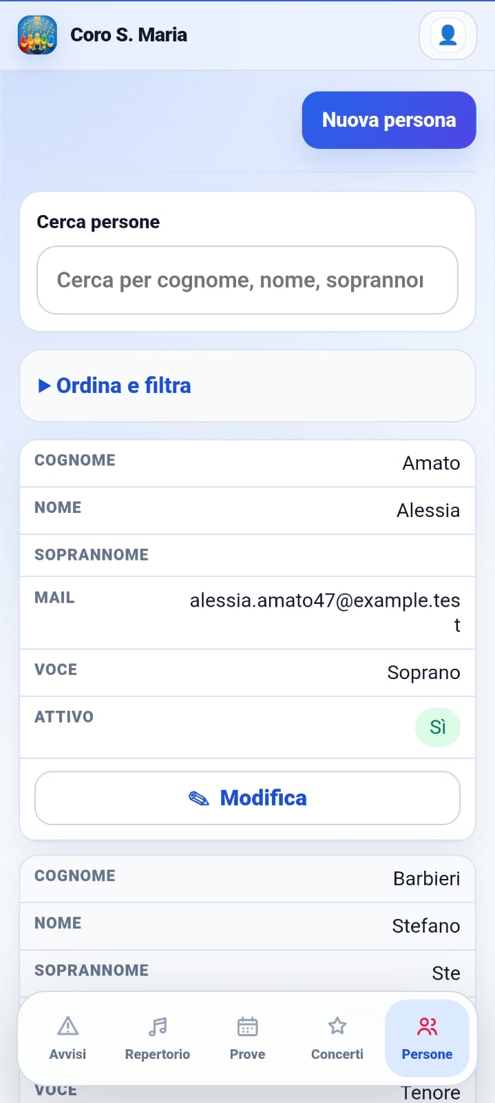 Anagrafica dei coristi · vista mobile · schermata 1