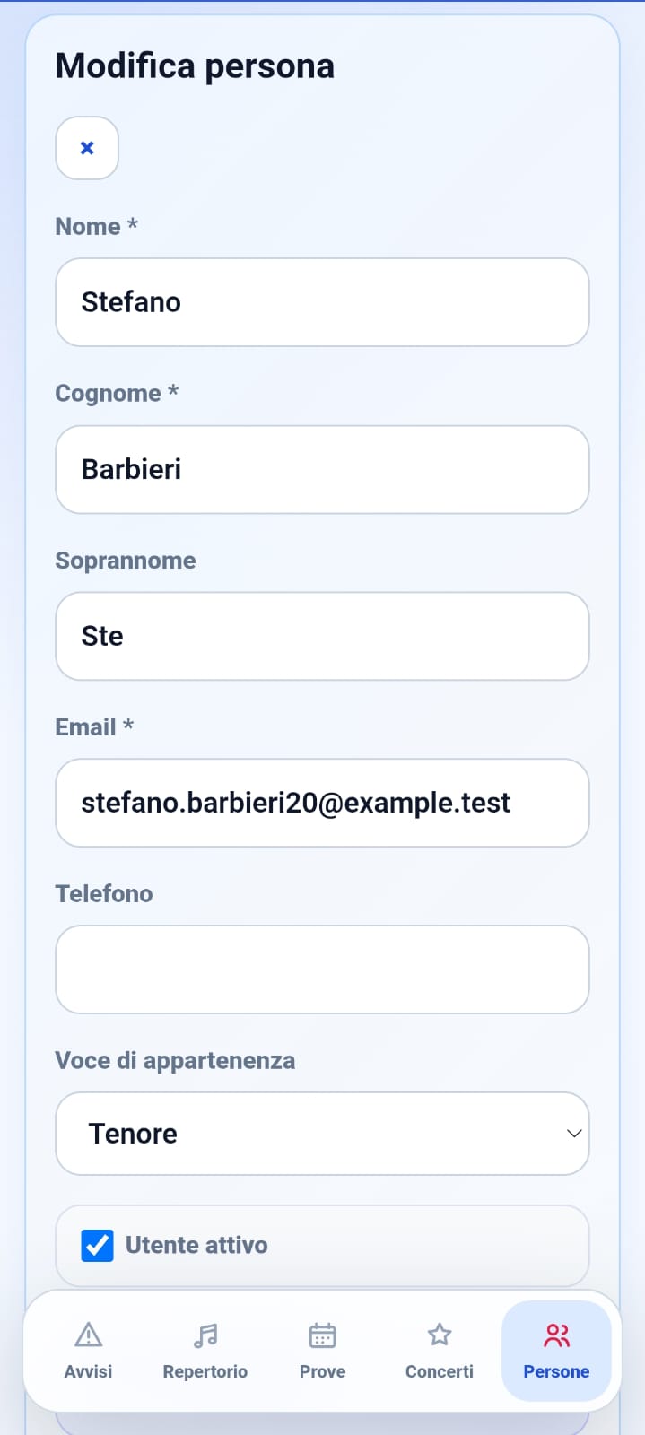 Anagrafica dei coristi · vista mobile · schermata 2