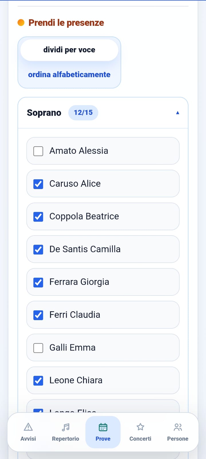 Tieni traccia delle presenze · vista mobile · schermata 2