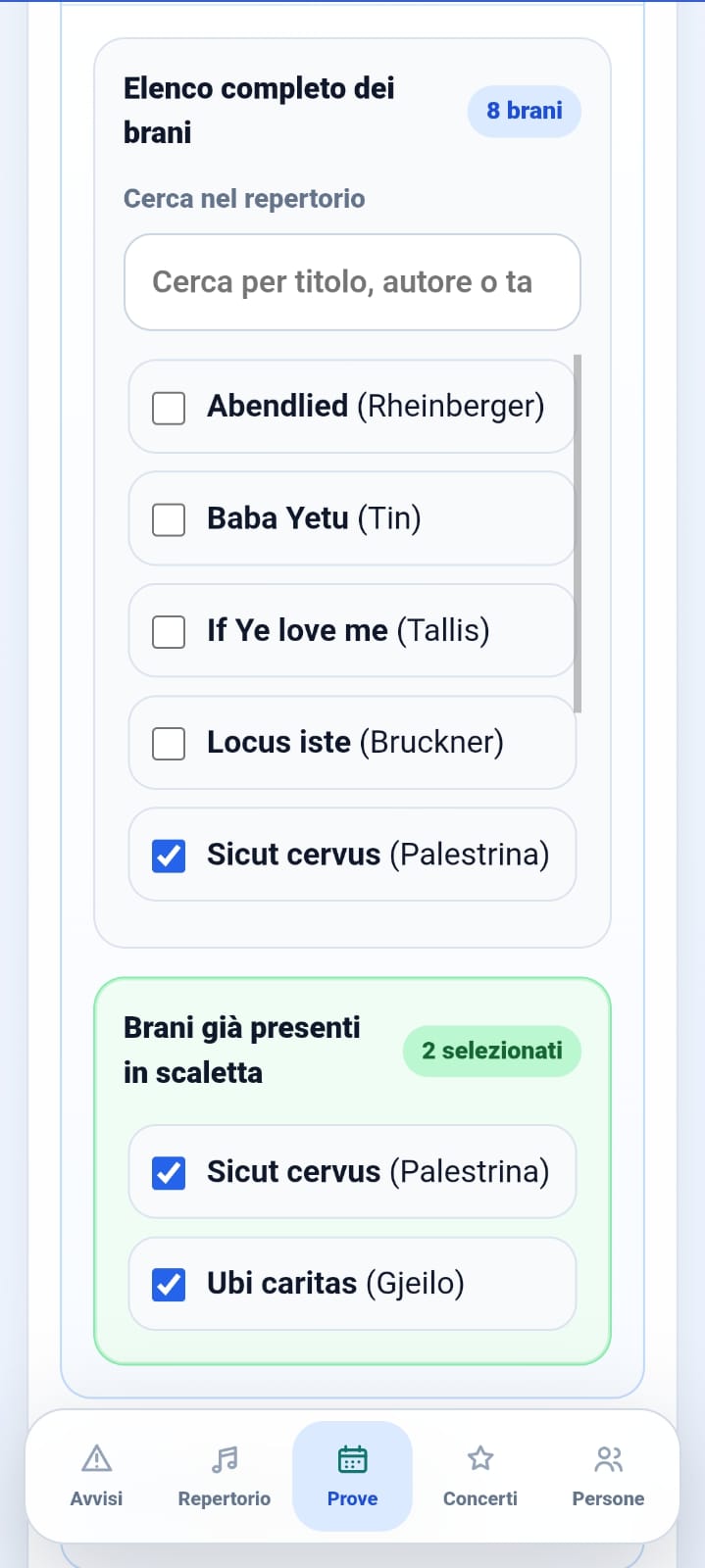Gestisci le prove · vista mobile · schermata 1