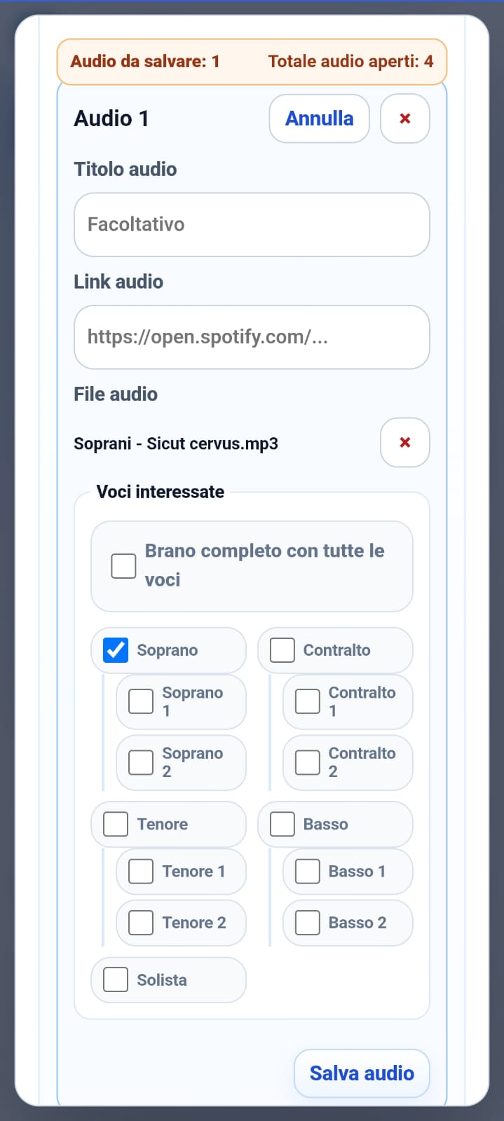 Organizza i brani del repertorio · vista mobile · schermata 2