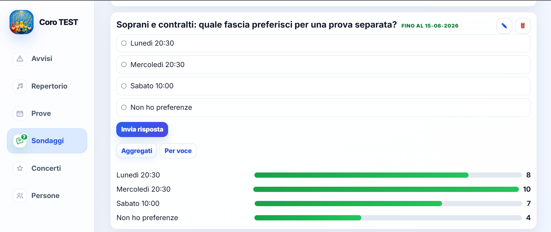 Manda sondaggi ai coristi · vista desktop · schermata 1