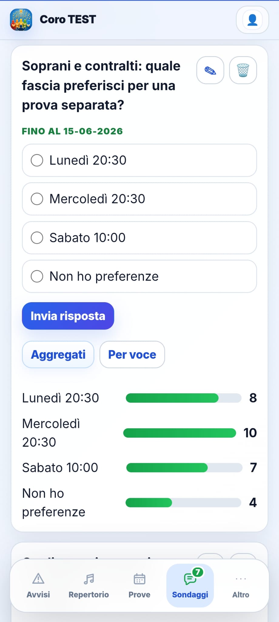 Manda sondaggi ai coristi · vista mobile · schermata 1