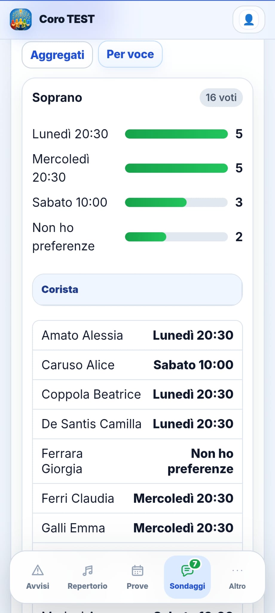Manda sondaggi ai coristi · vista mobile · schermata 2
